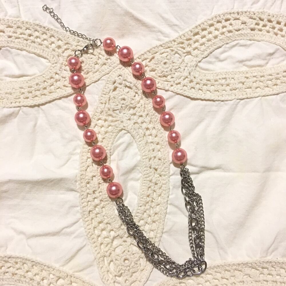 Multi Strand Silver Tone Necklace W/Pink Acrylic Pearls 20" Long